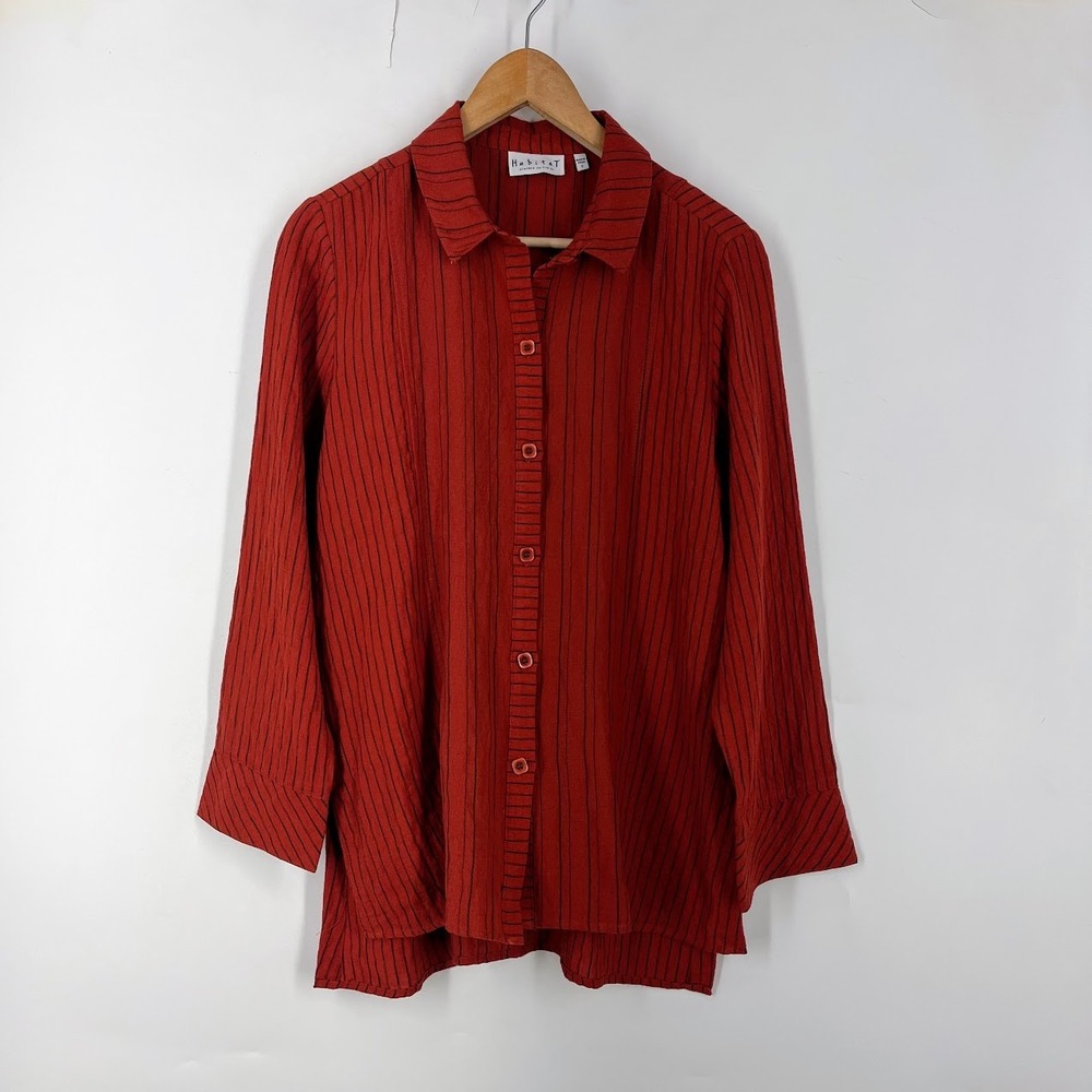 Habitat Womens Rust Red Pinstripe Button Front Tunic Top Long Sleeve Small